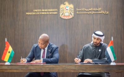 Ghanaian Minister of Foreign Affairs, Sam Okudzeto Ablakwa, and His Excellency Sheikh Shakhbut bin Nahyan Al Nahyan, Minister of State for Foreign Affairs and International Cooperation