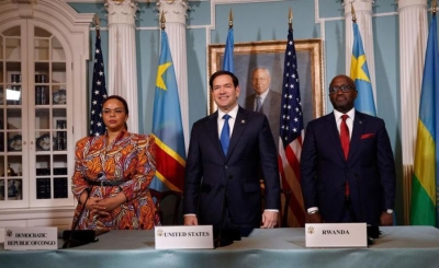 Thérèse Kayikwamba, Minister of Foreign Affairs of the DRC; Marco Rubio, U.S. Secretary of State; and Olivier Nduhungirehe.










