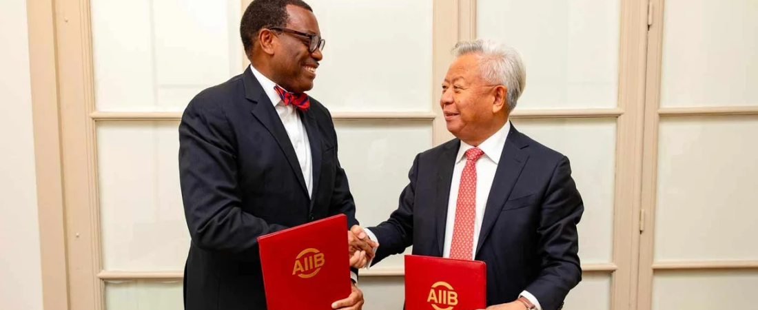 "The President of the African Development Bank Group, Akinwumi Adesina (left), and the President of the AIIB, Jin Liqun, shake hands after signing a renewed memorandum of understanding between their institutions for sustainable economic development in Africa."


