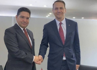 Nasser Bourita greeting Radosław Sikorski during their recent meeting at the end of September 2025 in New York, on the sidelines of the UN General Assembly.