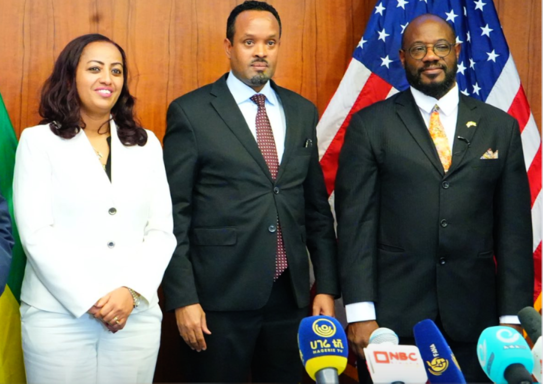 Minister of Finance Ahmed Shide, Minister of Health Dr. Mekdes Daba, and the United States Ambassador to Ethiopia, Ervin Massinga.