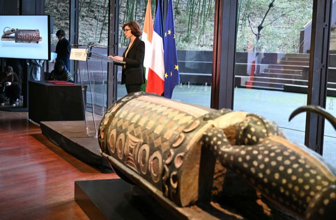 French Minister of Culture Rachida Dati during the restitution ceremony of the Djidji Ayôkwé talking drum, Friday, February 20, at the Musée du Quai Branly – Jacques Chirac in Paris.