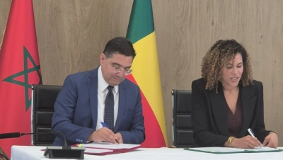 Morocco’s Minister of Foreign Affairs, Nasser Bourita, and his Beninese counterpart, Corinne Amori Brunet, Minister of Foreign Affairs in charge of the Integration of Afro-descendants.
